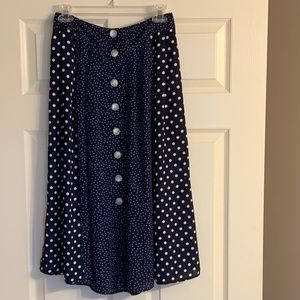 Topshop Polka-dot Button Pleat Midi Skirt in Navy US size 4